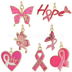 7Pcs 7 Styles October Breast Cancer Pink Awareness Ribbon Brass Enamel Pendants&nbsp;KK-BBC0020-36