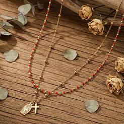 Red Glass Beaded Chain Double Layer Necklaces with Stainless Steel Religion Virgin Cross Pendant&nbsp;QR8888-1