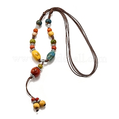 Ethnic Style Alloy & Porcelain Ceramic Beads Round Pendant Tassel Y Necklaces&nbsp;NJEW-D308-01A