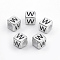 Plated Acrylic Beads, Horizontal Hole, Cube with Letter, Antique Silver, Letter.W, 6mm, Hole: 3mm, about 3000pcs/500g