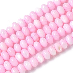 Natural Freshwater Shell Beads Strands, Ronedlle, Dyed, Pearl Pink, 6x3.5~4mm, Hole: 1mm, about 97~99pcs/strand, 15.08~ 15.47 inch(38.3~39.3cm)