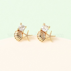 Starfish with Shell Shape Brass Micro Pave Clear Cubic Zirconia Stud Earrings&nbsp;EJEW-L278-05G