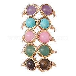 5Pcs Natural Tiger Eye & Dyed Yellow Jade & Amethyst & Green Aventurine & Synthetic Turquoise Infinity Finger Rings for Women&nbsp;RJEW-JR00832-02