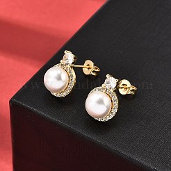 Round Brass Micro Pave Clear Cubic Zirconia Stud Earrings&nbsp;EJEW-A135-26G