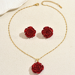 Elegant Iron Resin Rose Flower Stud Earrings & Pendant Necklaces Sets for Women&nbsp;ZC5626