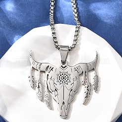Punk Style 201 Stainless Steel Laser Cut Cattle Head Pendant Box Chain Necklaces for Women Men&nbsp;NJEW-E156-04P