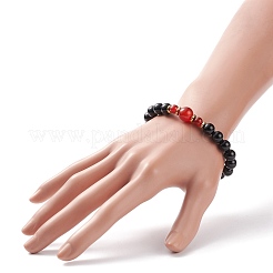Natural Red Agate Carnelian(Dyed & Heated) & Black Onyx Round Beaded Stretch Bracelet&nbsp;BJEW-JB08642