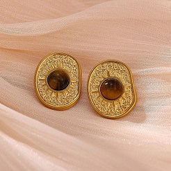 304 Stainless Steel & Natural Tiger Eye Stud Earrings&nbsp;WG09903-01