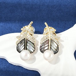 Feather Brass Clear Cubic Zirconia Stud Earrings&nbsp;KK-D301-12G