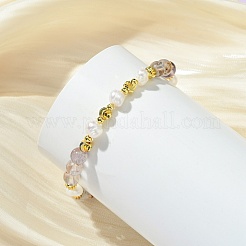 Round Natural Lodolite Quartz & Cultured Freshwater Pearl & Brass Beaded Stretch Bracelets for Women&nbsp;BJEW-JB14060-03