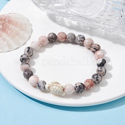 Natural Pink Zebra Jasper & Howlite Turtle Beaded Stretch Bracelets&nbsp;BJEW-JB09831