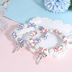 2Pcs 2 Colors Printed Porcelain & Glass Pearl Beaded Stretch Bracelets for Women&nbsp;BJEW-PA0001-11