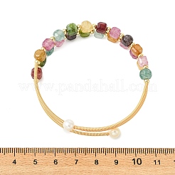Cube Natural Tourmaline & Freshwater Pearl Beaded Copper French Wire Wrap Cuff Bangles&nbsp;BJEW-JB13984-01