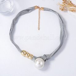 White Imitation Pearl Round Pendant Cloth Cord Necklaces with CCB Plastic Beads for Women&nbsp;WGDA1DD-01