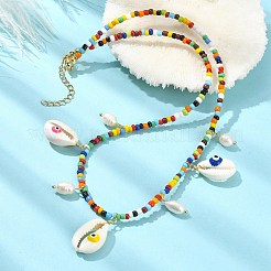 Natural Shell Evil Eye & Pearl Bib Necklace with Glass Seed Beaded Chains&nbsp;NJEW-TA00104