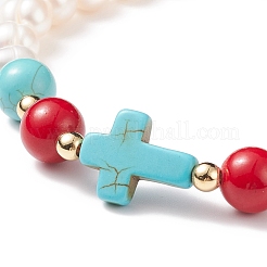 Synthetic Turquoise(Dyed) Cross & Natural Mashan Jade & Pearl Beaded Stretch Bracelet&nbsp;BJEW-TA00161