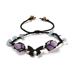 Natural Amethyst & Aquamarine & Synthetic Hematite Nuggets Braided Bead Bracelet&nbsp;BJEW-B073-01B