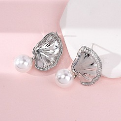 Brass Micro Pave Clear Cubic Zirconia Leaf Stud Earrings&nbsp;EJEW-H165-03A-P