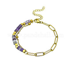 Bohemian Natural Amethyst Heishi Beads Bracelets with 304 Stainless Steel Paperclip Chains&nbsp;WGD41F4-02