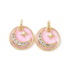 Flat Round with Moon & Star Brass Micro Pave Clear Cubic Zirconia Charms&nbsp;LS-KK-G435-41G