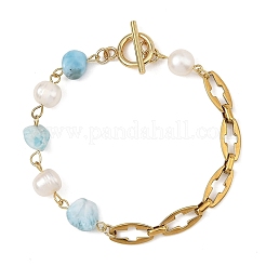 Natural Larimar Nuggets and Pearl Beaded Chain Bracelets with 304 Stainless Steel Cross Link Chains and OT Clasps&nbsp;BJEW-JB14436-01