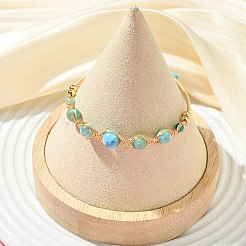 Herringbone Wire-Wrapped Natural Hemimorphite Brass Cuff Bangles&nbsp;BJEW-JB14039-02