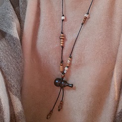 Wood Gourd Pendant Adjustable Braided Waxed Cord Necklaces with Porcelain Beads for Women&nbsp;WGF2CB3-01