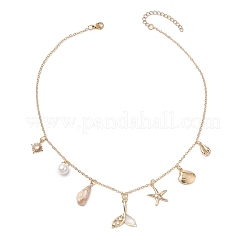 Summer Beach Brass Clear Cubic Zirconia & Shell Pearl & Spiral Shell Bib Necklaces&nbsp;NJEW-TA00182