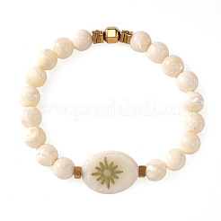 Round Natural Shell & Synthetic Non-magnetic Iron Hematite Beads Stretch Bracelets&nbsp;RD2140