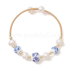 Handmade Porcelain & Natural Cultured Freshwater Pearl & Non-magnetic Synthetic Hematite Beaded Cuff Bangles for Women&nbsp;BJEW-JB14022-01
