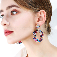 5 Pair 5 Color Acrylic Hollow Oval Dangle Stud Earrings with Steel Iron Pins for Women&nbsp;EJEW-AN0004-04
