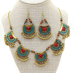 Bohemian Alloy Enamel & Wood Bead & Glass & Resin Tassel Pendant Necklaces & Dangle Earrings Sets&nbsp;FS-WG7EA3D-01