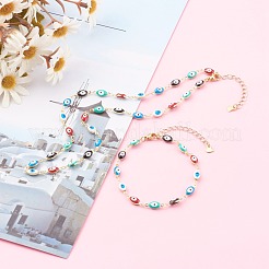 Brass Enamel Evil Eye Link Chain Bracelets & Necklaces Jewelry Sets&nbsp;SJEW-JS01185