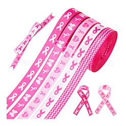 5Rolls 5 Styles Polyester Wave/Breast Cancer Awareness Ribbon Printed Ribbon&nbsp;OCOR-PH0004-22