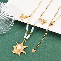 304 Stainless Steel Crystal Rhinestone and Cat Eye Conch Shape Octopus Pendant Dyed Natural Shell Bamboo Stick Link Chain Necklaces&nbsp;NJEW-K252-11G