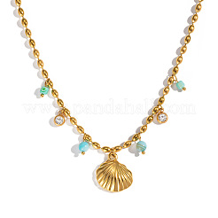 Stainless Steel Shell Shape Pendant with Clear Cubic Zircon & Dyed Shell Tassel Necklaces for Women&nbsp;ZN3390