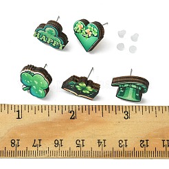 20Pcs 5 Style Saint Patrick's Day Green Wood Stud Earrings&nbsp;EJEW-FS0001-11