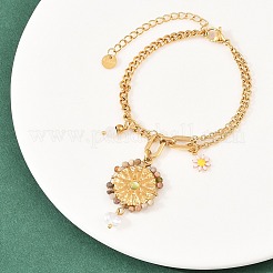 Flat Round & Flower 304 Stainless Steel & Enamel Charm Bracelets&nbsp;BJEW-P375-02G