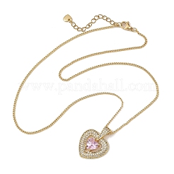 Brass Pave Pink Cubic Zirconia Heart Pendant Brass Curb Chain Necklace for Women&nbsp;NJEW-JN06484-02