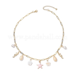 Alloy Enamel Starfish Sea Horse & Natural Shell Pendant Brass Paperclip Chain Necklaces for Women&nbsp;NJEW-JN05405-01