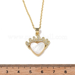 Brass Micro Pave Clear Cubic Zirconia & Natural White Shell Crown Heart Pendant Necklaces for Women&nbsp;NJEW-R027-02G