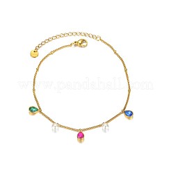 Bohemian Style 304 Stainless Steel Pave Cubic Zirconia Teardrop & Round White Plastic Pearl Charm Anklets&nbsp;FS-WGDB107-05