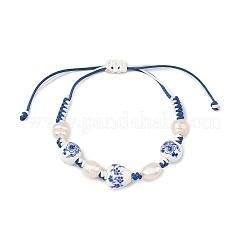 Adjustable Handmade Chinoiserie Floral Printed Porcelain Heart Beads & Natural Pearl Braided Bead Bracelets for Women&nbsp;BJEW-JB14209