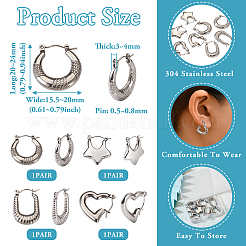 4 Pairs 4 Style Star & Rectangle & Heart & Croissant 304 Stainless Steel Hoop Earrings for Women&nbsp;EJEW-TA0001-17