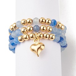 3Pcs 3 Style Natural Gemstone & Brass Beaded Finger Rings with 304 Stainless Steel Heart Charms for Women&nbsp;RJEW-JR00471