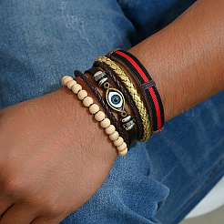 4Pcs 4 Styles Men's PU Leather Braided Bracelets & Wood Beads Stretch Bracelets Set&nbsp;PO6942