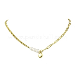Brass Heart Pendant Necklaces with Natural Pearl Beads for Women&nbsp;NJEW-JN06008