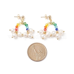 Natural Pearl & Glass Beaded Rainbow & Cloud Dangle Stud Earrings&nbsp;EJEW-TA00151