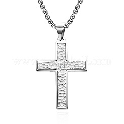 304 Stainless Steel Pave Clear Cubic Zirconia Hammered Religion Cross Pendant Necklaces for Men&nbsp;WG86616-02
