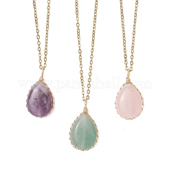 3Pcs 3 Styles Natural Amethyst & Green Aventurine & Rose Quartz Copper Wire Wrapped Teardrop Pendant 304 Stainless Steel Cable Chain Necklaces&nbsp;NJEW-JN05780